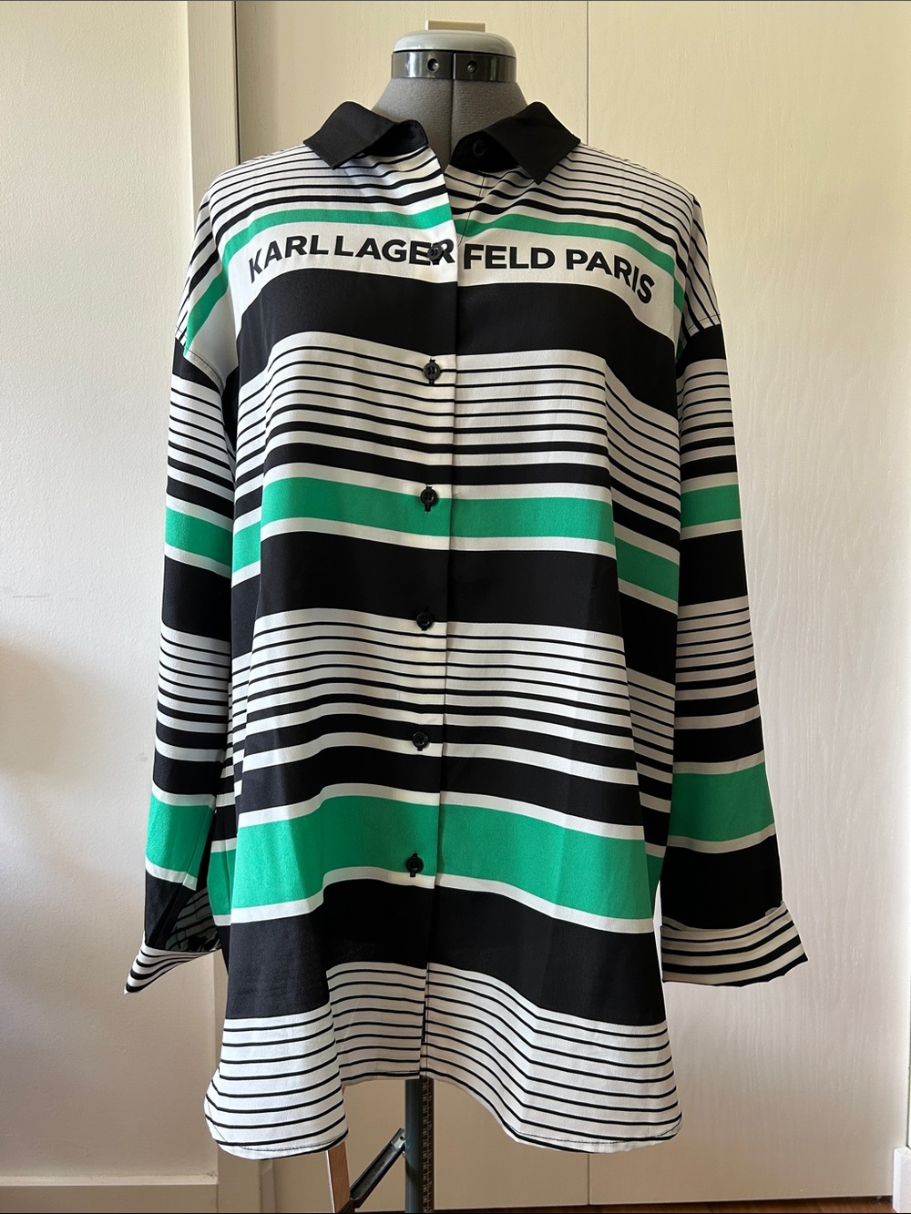Karl Lagerfeld Black White & Green Striped Long Sleeve Shirt